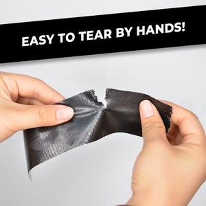 May include: A close-up of a hand tearing a roll of black duct tape. The tape is easy to tear by hand, as indicated by the text "EASY TO TEAR BY HANDS!" above the tape.
