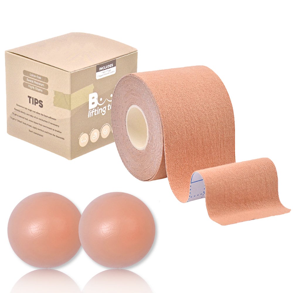 Breast Tape, 1 Roll of Booby Adhesive for Push Up, Waterproof Strong Hold for All Breast Sizes. 1 Pair of Covers.