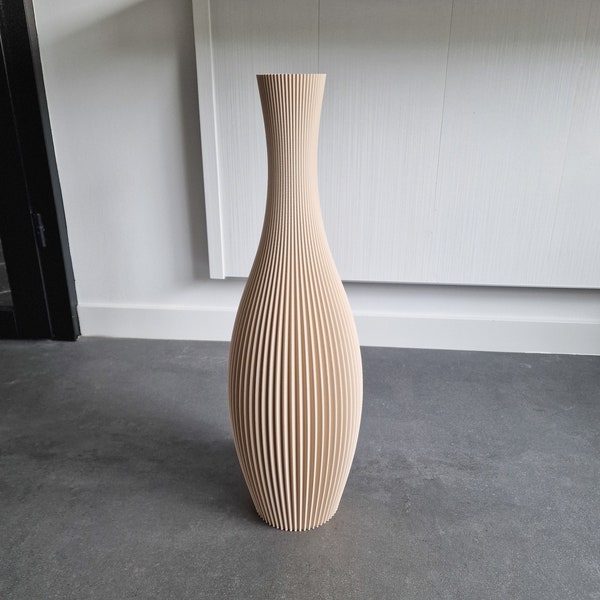 Floor Vase STELLA Beige, 3D Printed Striped Decoration Vase for Dried Flowers Made from Recycled Bio-Plastic
