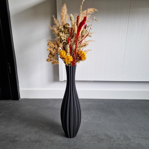 Tall Floor Vase TOPAZ Matte Black for Dried Flowers, Modern 3D Printed Room Decor Made from Recycled Bio-Plastic