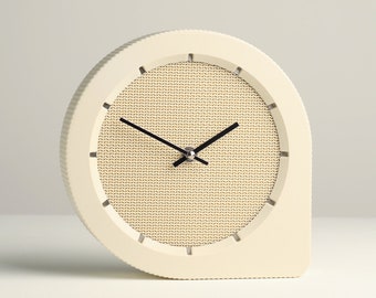 Wavy Mesh Design Table Clock, Handmade Ivory White Desk Decor Made from Recycled Bio-Plastic, Slimprint Q-clock N0.1, 20.1 x 5.2 cm