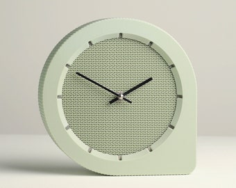 Wavy Mesh Design Table Clock, Handmade Sage Green Desk Decor Made from Recycled Bio-Plastic, Slimprint Q-clock N0.1, 20.1 x 5.2 cm