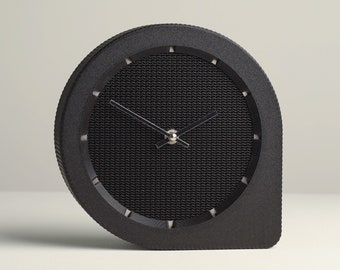 Wavy Mesh Design Table Clock, Handmade Matte Black Desk Decor Made from Recycled Bio-Plastic, Slimprint Q-clock N0.1, 20.1 x 5.2 cm