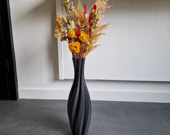 Tall Floor Vase TWIST Matte Black, Unique 3D Printed Vase for Dried Flowers, Original Home Gift Made from Recycled Bio-Plastic