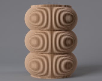 Beige Blumenvase EMMA - Gerippte Struktur - Verspieltes Design - Wasserdichter Glaseinsatz - 3D-Druck aus 100% recyceltem Biokunststoff