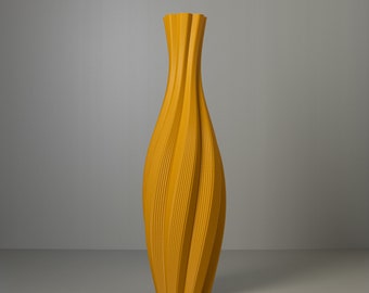 Floor Vase "TWIST" Ochre Yellow for Dried Flowers, 3D Printed Decor Made from Recycled Bio-Plastic