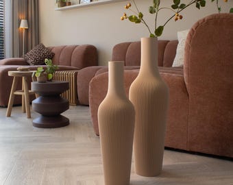 Beige Vase GROOVE - 3D Printed Floor Vase with Ribbed Texture - For Pampas Grass - Made from 100% Recycled Bioplastic