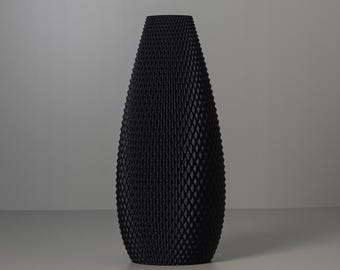 Ovale Vase FLUX mit geometrischem Muster, mattschwarz, 3D gedruckte moderne Dekorationsvase für Trockenblumen aus recyceltem Biokunststoff