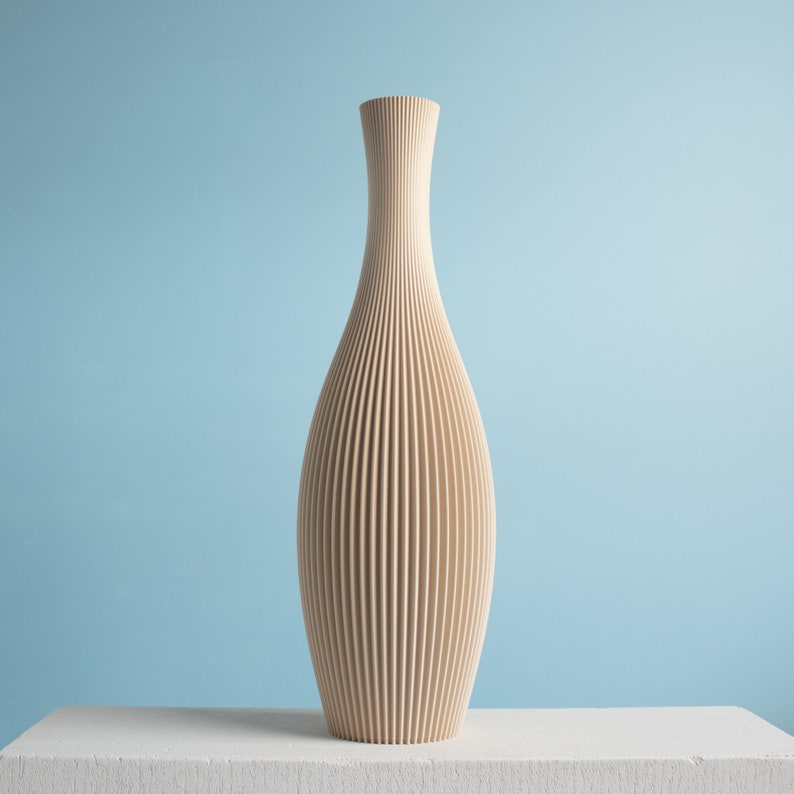 Floor Vase STELLA Beige, 3D Printed Striped Decoration Vase for Dried Flowers Made from Recycled Bio-Plastic Beige