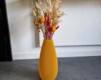 Tall Vase "FLUX" for Dried Flowers, Ochre Yellow 3D Printed Mid Century Modern Room Decor Made from Recycled Bio-Plastic