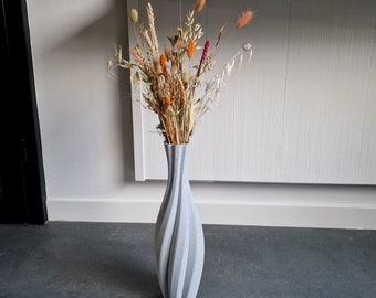 Grey Floor Vase TWIST, Unique 3D Printed Vase for Dried Flowers, Original Home Gift Made from Recycled Bio-Plastic