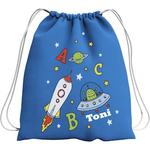 Sac de sport pour garçon personnalisé avec nom | Motif ABC fusée spatiale | Sac en tissu avec cordon de serrage | Cadeau d'inscription scolaire