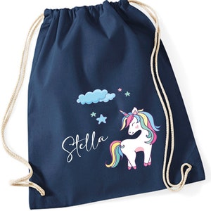 Einhorn Turnbeutel mit Sternen und Wolke | Stoffbeutel für Mädchen mit Namen zum Zuziehen als kleiner Rucksack für Wechselwäsche