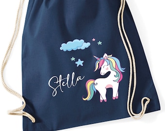 Unicorn gym bag with stars and cloud | Fabric bag for girls with name to drawstring as a small backpack for a change of clothes