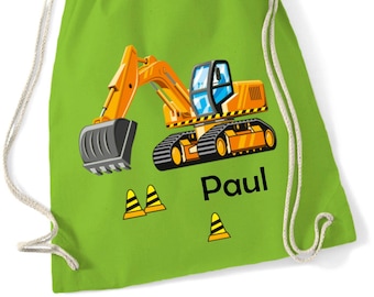 Excavator gym bag children personalized with name - fabric bag construction site backpack boys printed - cotton bag change of underwear sports