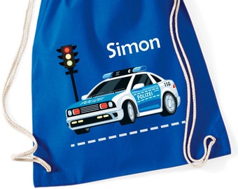 Sac de gym de police enfants personnalisés avec nom - sac en tissu sac à dos de voiture de police garçons imprimés - sac en coton vêtements de rechange sport