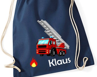 Feuerwehr Turnbeutel Kinder mit Name personalisiert - Stoffbeutel Rucksack Jungen bedruckt - Kita Kindergarten Baumwollbeutel Wechselwäsche