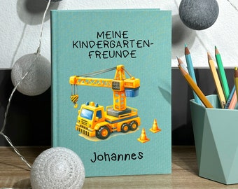 Amigos Libro Kindergarten - Personalizado con Nombre - Libro de la Amistad Sitio de Construcción de Excavadora con Grúa - Álbum de Poesía Kita Boy