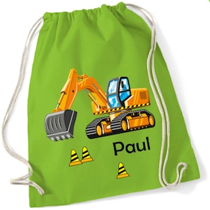 Bagger Turnbeutel Kinder mit Name personalisiert - Stoffbeutel Baustelle Rucksack Jungen bedruckt - Baumwollbeutel Wechselwäsche Sport