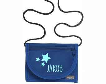 Wallet with name & clear insert | incl. NAME PRINT | Star motif | Wallet with a neck pouch and a clear window for children to wear over the shoulder