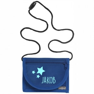 Wallet with name & transparent insert incl. NAME PRINT Motif stars Wallet neck pouch with viewing window for children to hang around the neck royalblau