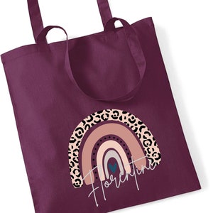 Jutebeutel mit Name | Baumwoll-Stofftasche mit Leo-Print Regenbogen für Mädchen | Personalisierte Lesetasche mit Henkeln