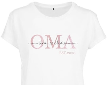 T-shirt OMA Est mit Namen personalisiert | Oma shirt mit Datum | mehrfarbiger Druck mit glänzend oder matt gold rose silber