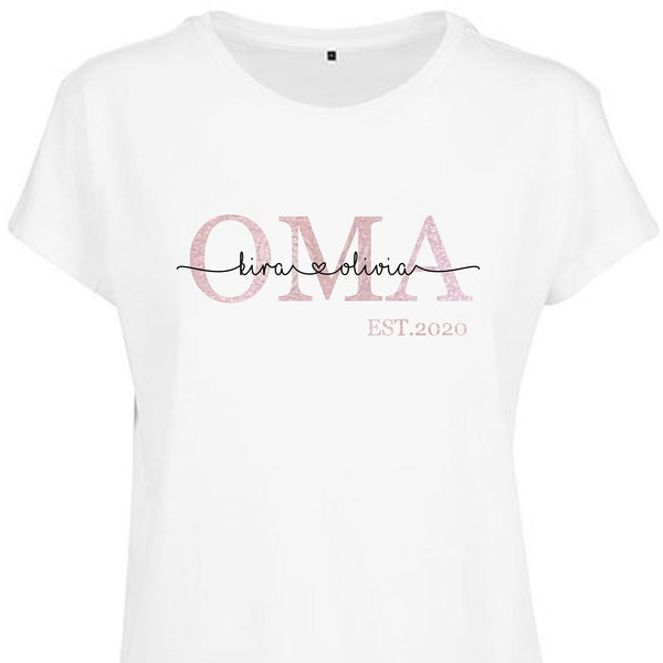 T-shirt OMA Est mit Namen personalisiert | Oma shirt mit Datum | mehrfarbiger Druck mit glänzend oder matt gold rose silber