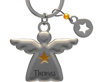 Keychain personalized with name | Guardian Angel & Star as Lucky Charm with Engraving | sturdy stainless steel trailer driver's license