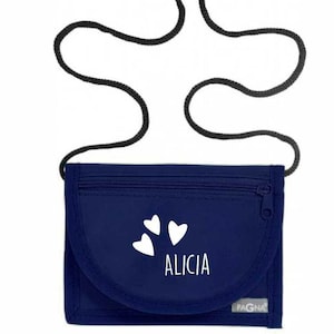 Cartera con nombre e inserto transparente | incluido. IMPRESIÓN DE NOMBRES | Motivo de corazón | Bolsa de cuello con ventana de visualización para que los niños la cuelguen del cuello.