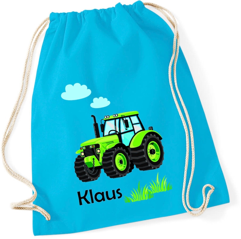 Traktor Turnbeutel Kinder mit Name personalisiert Stoffbeutel Rucksack Jungen bedruckt Kita Kindergarten Baumwollbeutel Wechselwäsche surfblau