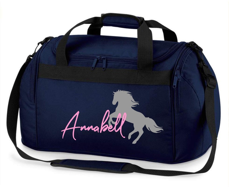 Riding bag personalized with name print Motif rearing horse with name Carrying and sports bag for girls for riding dunkelblau