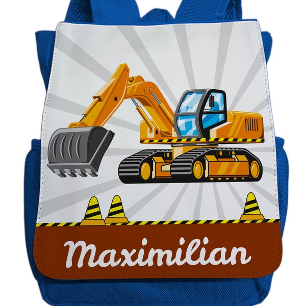 Backpack with name for boys | Motif excavator & construction site | Cool kindergarten backpack including desired name chest strap light blue dark blue red