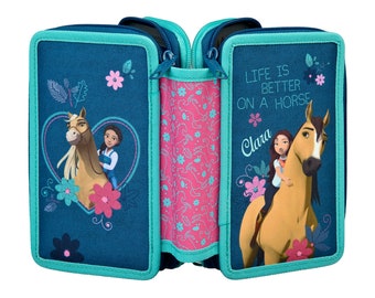 pencil case with name | Motif horse for girls in pink & turquoise dark blue | Tripple 3 compartment pencil case student case 30-piece set