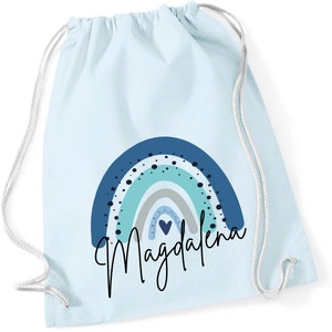 Turnbeutel Regenbogen mit Namen in Blau | Motiv Blue Sky inkl. Namensdruck für Mädchen Jungen | Stoffbeutel Rucksack zum Zuziehen mit Kordel