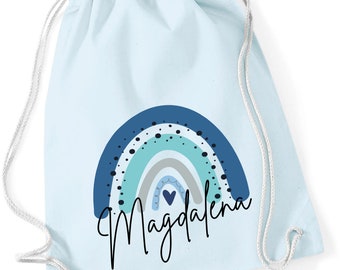 Gym bag rainbow with name in blue | Blue Sky motif including name print for girls and boys Fabric bag backpack that can be closed with a drawstring