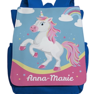 Sac à dos avec nom pour fille | Motif licorne & arc-en-ciel | sac à dos de jardin d'enfants coloré avec le nom souhaité bleu clair bleu foncé rouge