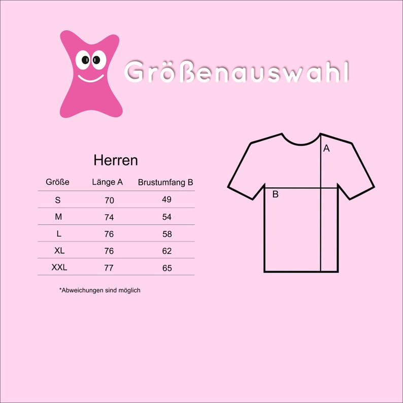 May include: A size chart for shirts with measurements in inches for length and chest circumference. The chart includes sizes S, M, L, XL, and XXL. The chart is on a pink background with a cartoon pink star with a smiley face.
