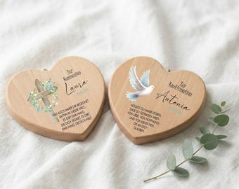 Personlig present till första nattvarden, konfirmationen eller andra religiösa tillfällen: trähjärta med namn och ordspråk, dekorativ väggdekoration för barnrummet, lämplig för flickor, pojkar eller gudbarn.