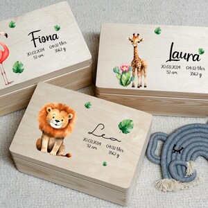 Personalized memory box with lid, wooden baby storage box with name, gift birth baptism girl boy, safari animals colorful