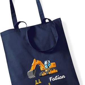 Jutebeutel Bagger Baustelle mit Name | Stofftasche aus Baumwolle für Jungen | Kinder-beutel Tragetasche für Kita Kindergarten Wechselwäsche