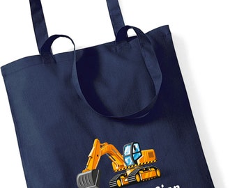 Jutebeutel Bagger Baustelle mit Name | Stofftasche aus Baumwolle für Jungen | Kinder-beutel Tragetasche für Kita Kindergarten Wechselwäsche