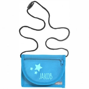 Wallet with name & transparent insert incl. NAME PRINT Motif stars Wallet neck pouch with viewing window for children to hang around the neck hellblau