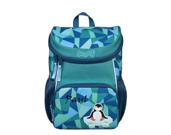 Kindergarten backpack for boys personalized | Peter penguin in light blue | small children's backpack printed with name & chest strap