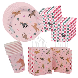 Stoviglie per feste a tema cavallo per bambini, set di decorazioni per compleanno a tema cavallo, equitazione per bambine, set di stoviglie, bicchieri, piatti, tovaglioli, sacchetti per feste.