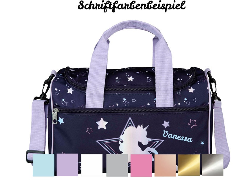 kleine Sporttasche Mädchen mit Namen Motiv Einhorn Dreamland mit Sternen in lila Personalisierte Reisetasche Umhängetasche Bild 4