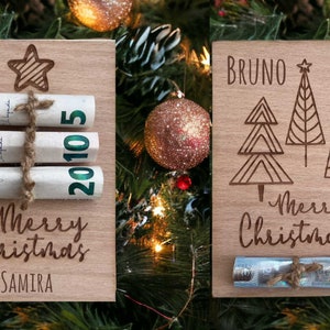 Carte de Noël en bois personnalisée avec nom | Carte-cadeau pour emballer de l'argent pour Noël de la Saint-Nicolas | Cadeau d'argent cadeau de Noël