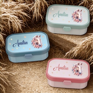 Brotdose personalisiert, Brotzeitdose Mepal Kinder mit vielen Fächern, Lunch Box mit Name BPA-frei auslaufsicher, Bento Box Pferd bunt