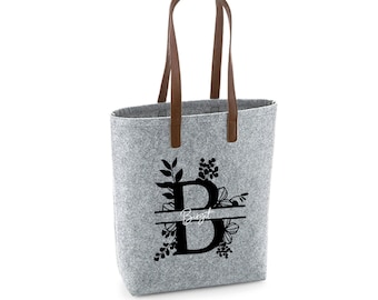 Filztasche Shopper hellgrau mit Motivdruck | Bedruckt und Personalisiert mit Blumen Monogramm Name | Einkaufstasche Geschenk | Muttertag