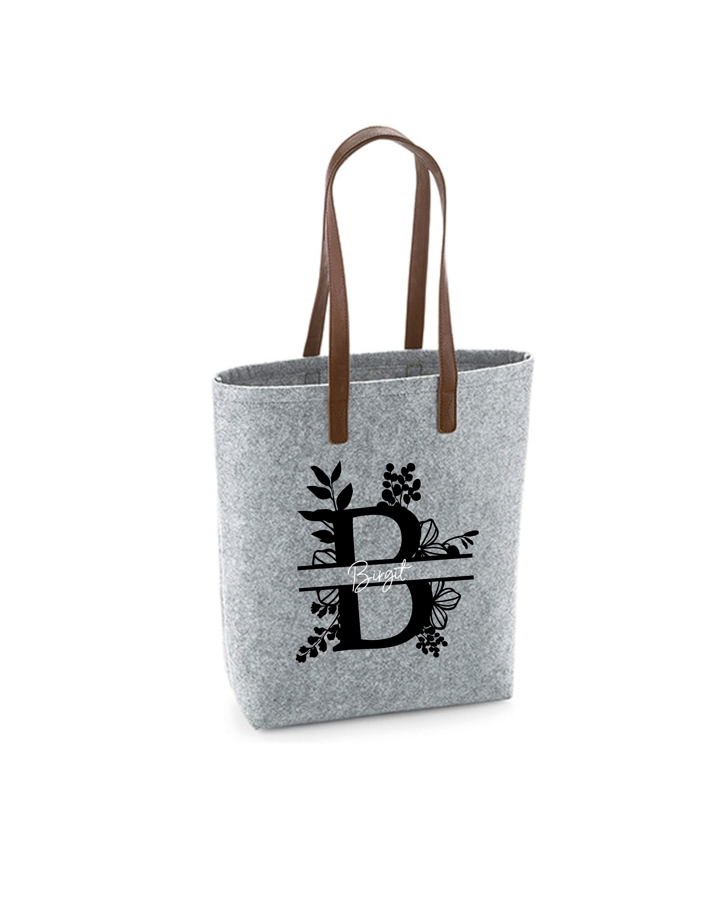Vilten tas shopper lichtgrijs met motiefprint Bedrukt en gepersonaliseerd met bloemenmonogramnaam Tote tas cadeau Moederdag Etsy Nederland